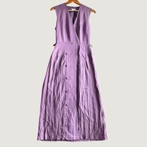 Laura Ashley Pleated Midi Dress 4 Purple Dbl Breasted V-Neck Vtg Heritage Preppy